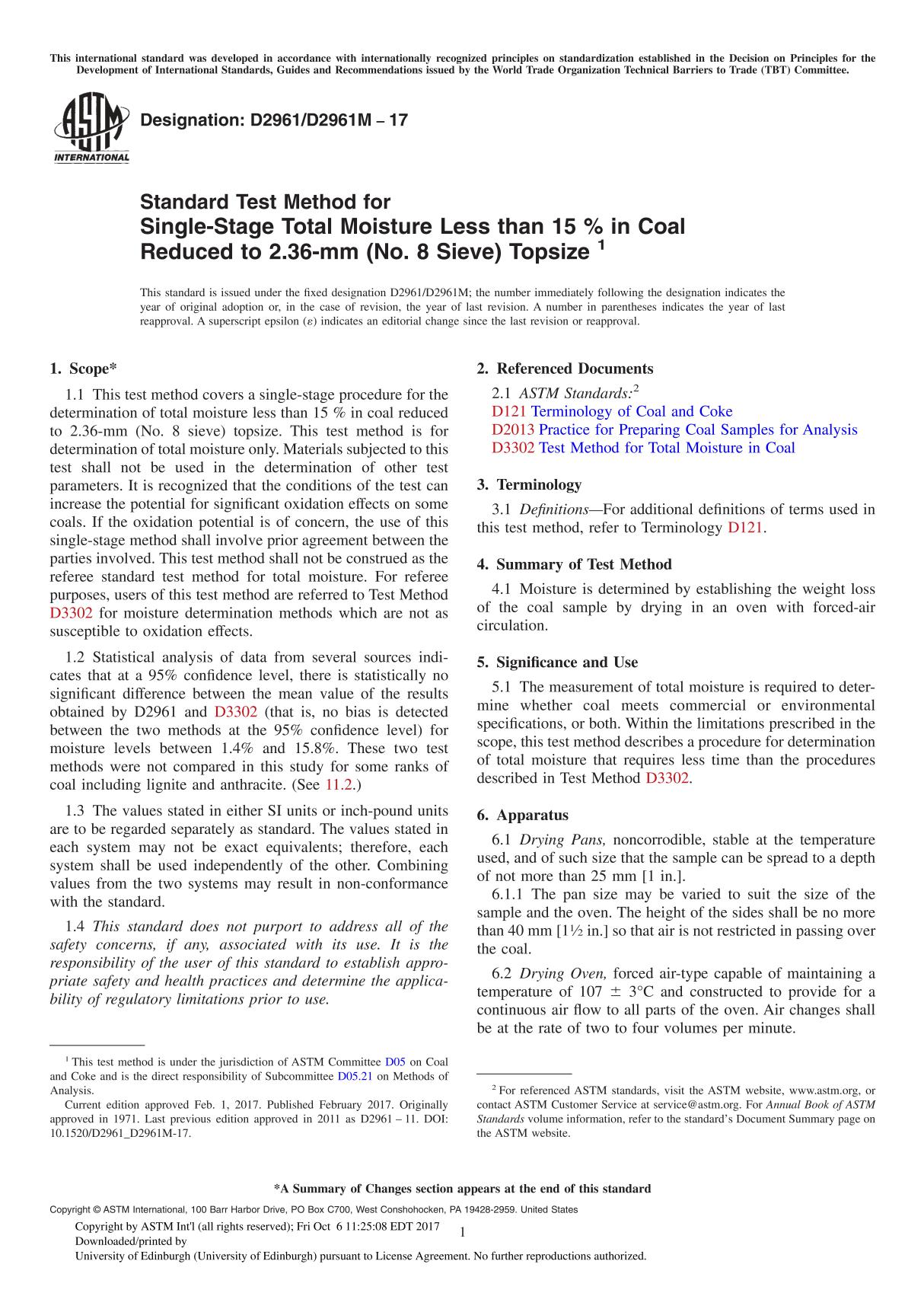 ASTM D2961 D2961M-17 Standard Test Method for Single-Stage Total Moisture Less than 15 % in Coal Reduced to 2.36-mm (No. 8 Sieve