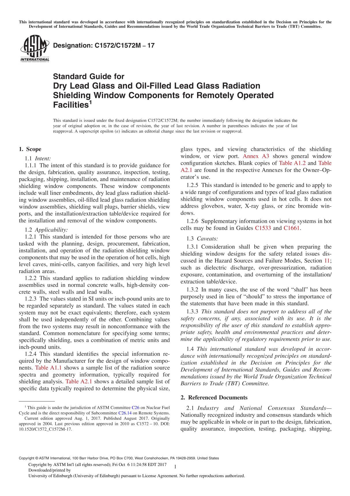 ASTM C1572 C1572M-17 Standard Guide for Dry Lead Glass and Oil-Filled Lead Glass Radiation Shielding Window Components for Remot