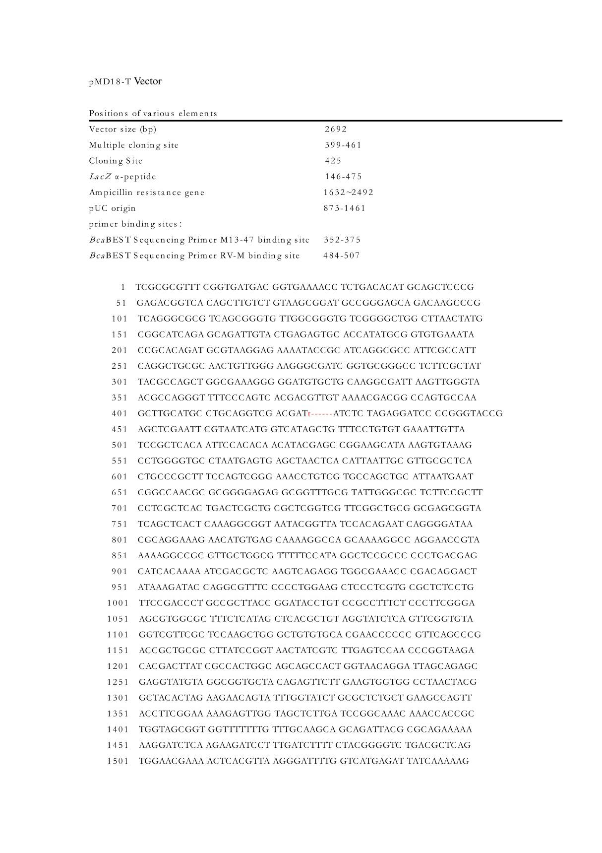 pMD18-T载体序列