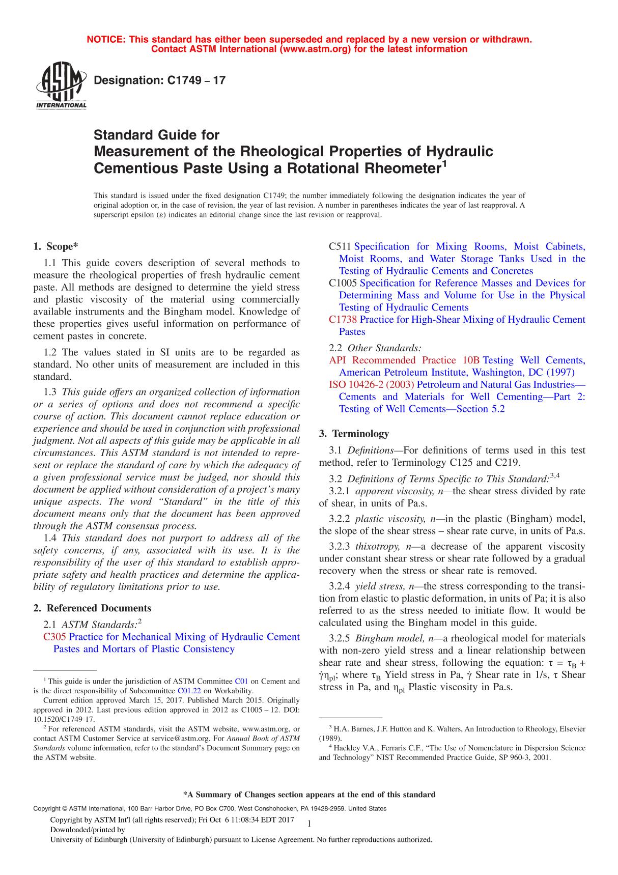 ASTM C1749 - 17 Standard Guide for Measurement of the Rheological Properties of Hydraulic Cementious Paste Using a Rotational Rh