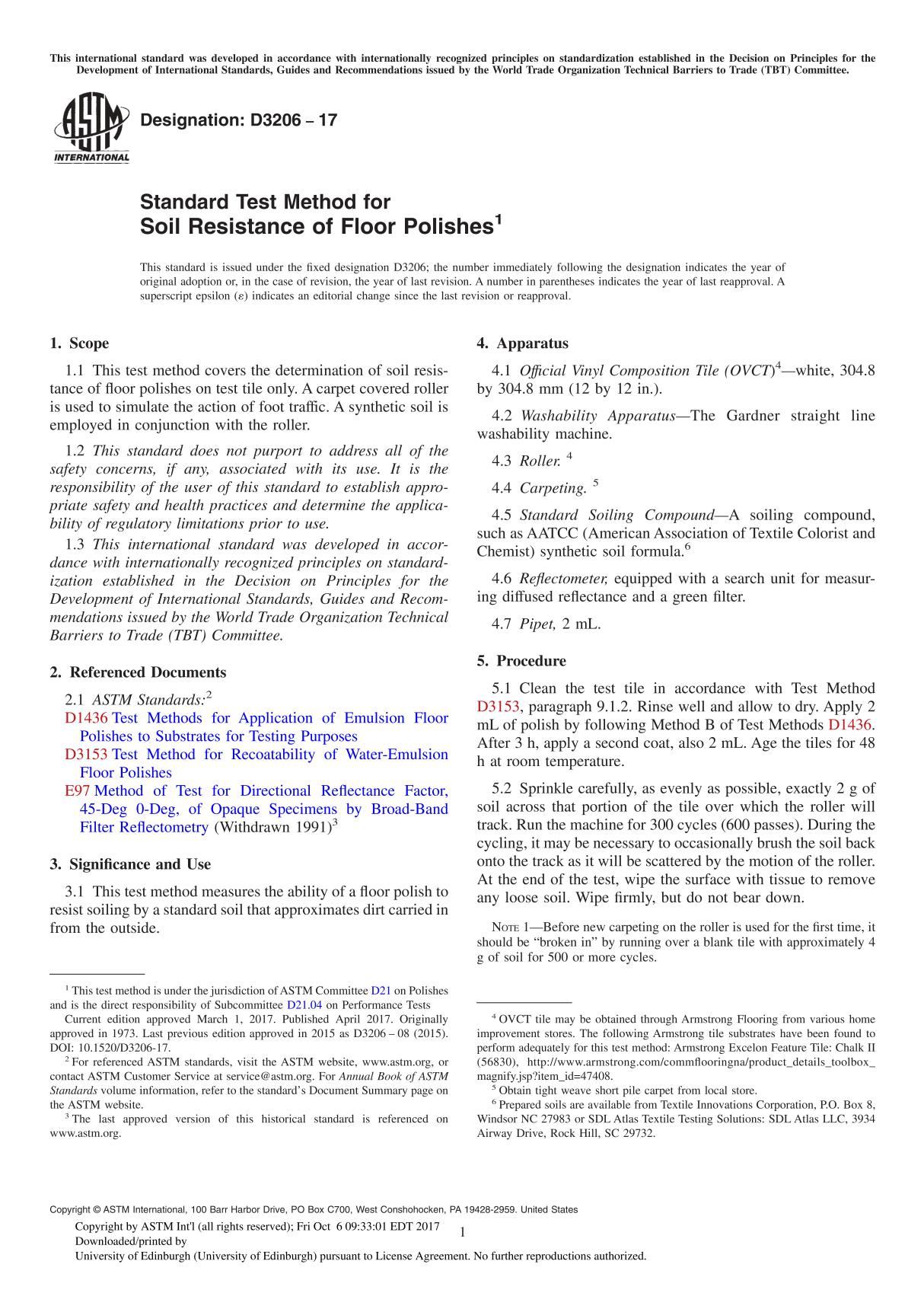 ASTM D3206-17 Standard Test Method for Soil Resistance of Floor Polishe