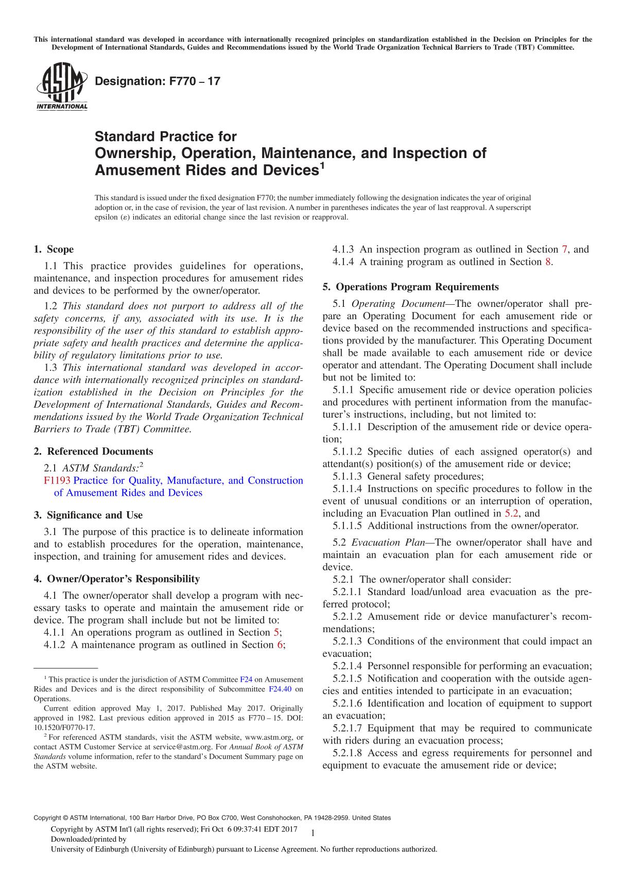 ASTM F770-17 Standard Practice for Ownership, Operation, Maintenance, and Inspection of Amusement Rides and Device