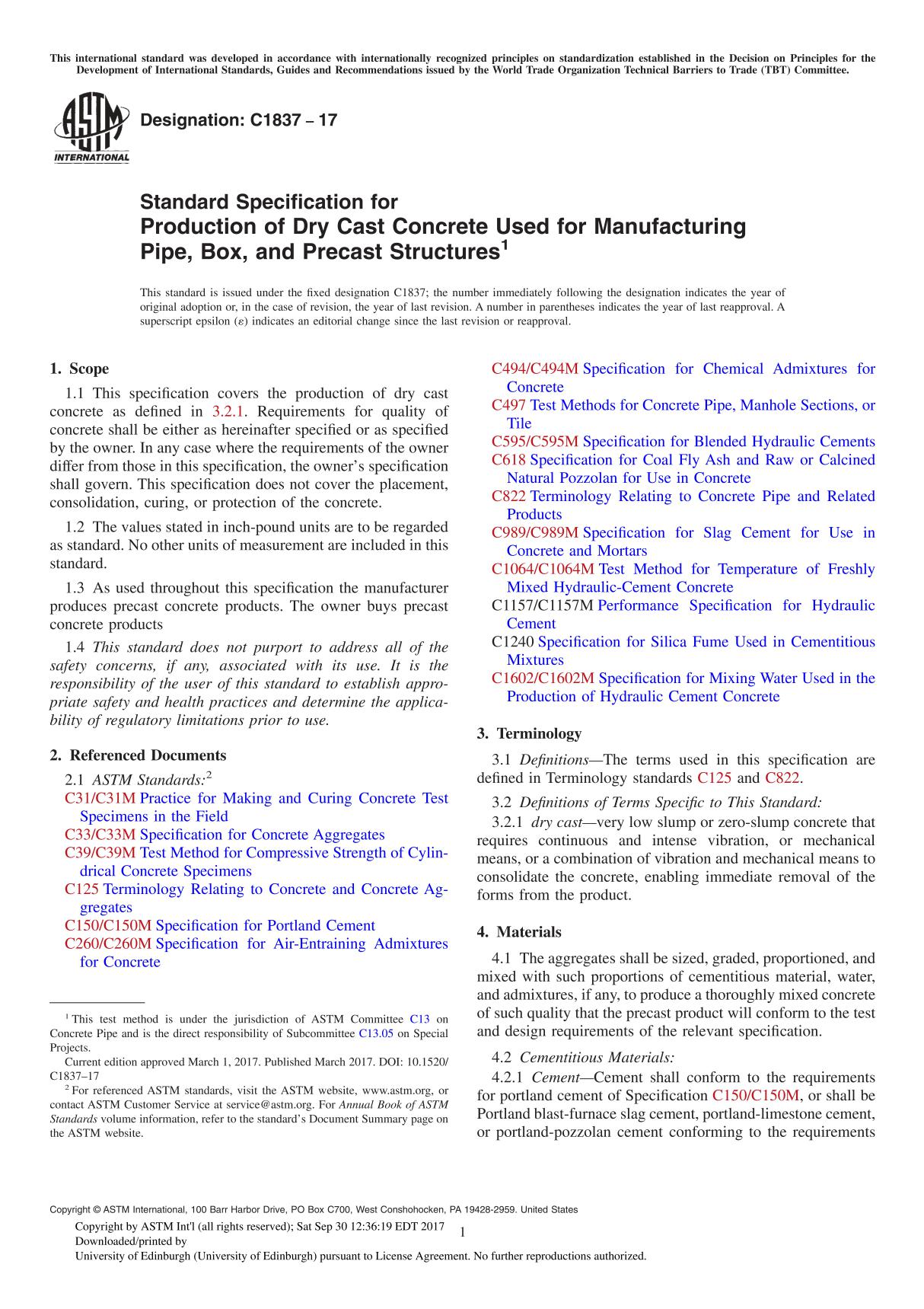 ASTM C1837-17 Standard Specification for Production of Dry Cast Concrete Used for Manufacturing Pipe, Box, and Precast Structure