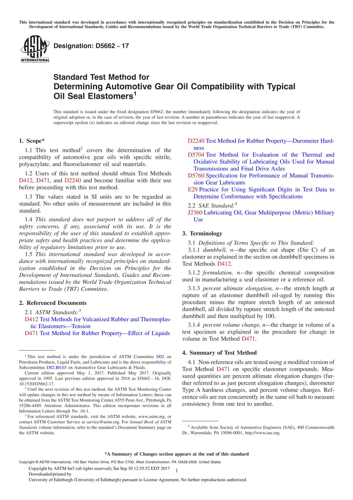 ASTM D5662-17 Standard Test Method for Determining Automotive Gear Oil Compatibility with Typical Oil Seal Elastomer