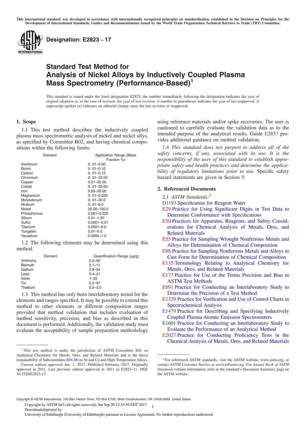 ASTM E2823-17 Standard Test Method for Analysis of Nickel Alloys by Inductively Coupled Plasma Mass Spectrometry (Performance-Ba