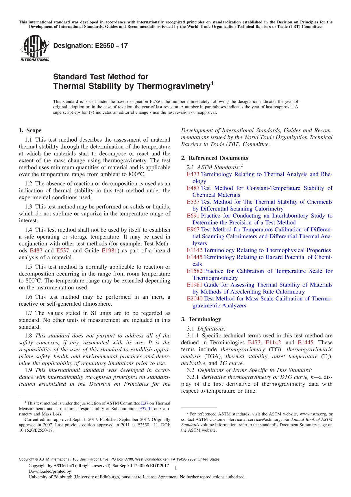 ASTM E2550-17 Standard Test Method for Thermal Stability by Thermogravimetry