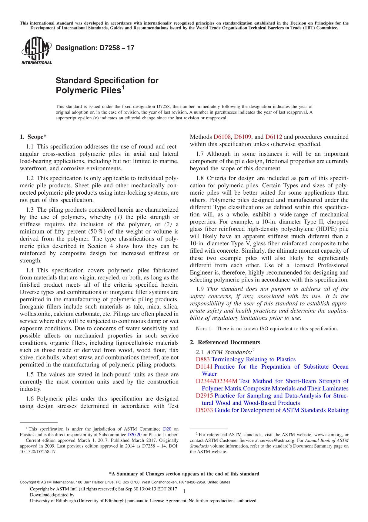 ASTM D7258-17 Standard Specification for Polymeric Pile