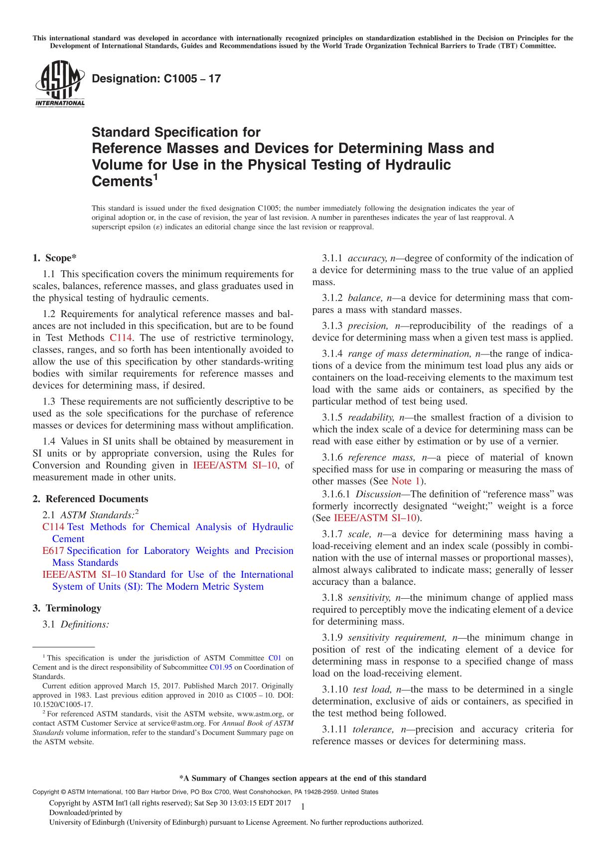 ASTM C1005-17 Standard Specification for Reference Masses and Devices for Determining Mass and Volume for Use in the Physical Te