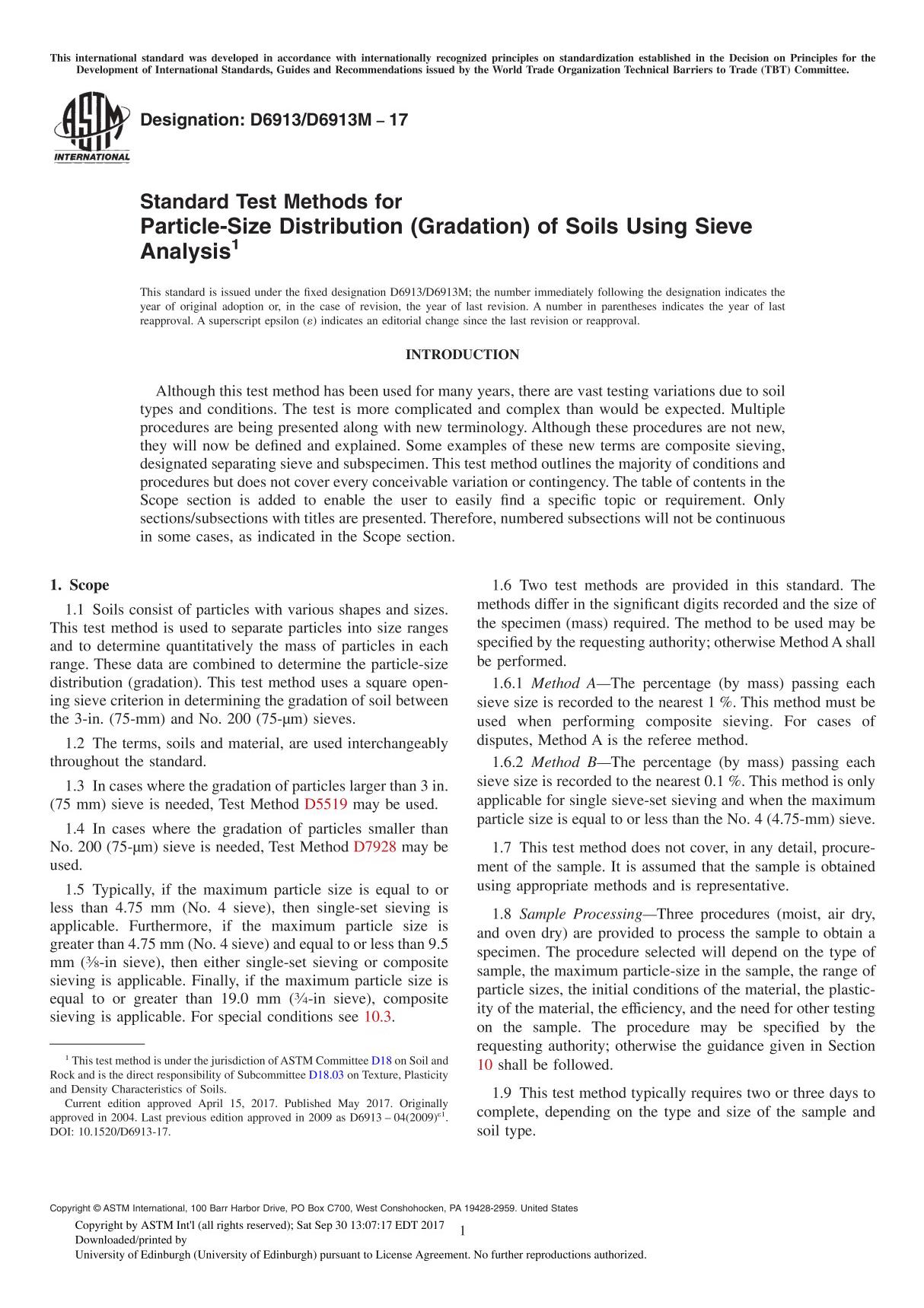 ASTM D6913 D6913M-17 Standard Test Methods for Particle-Size Distribution (Gradation) of Soils Using Sieve Analysi