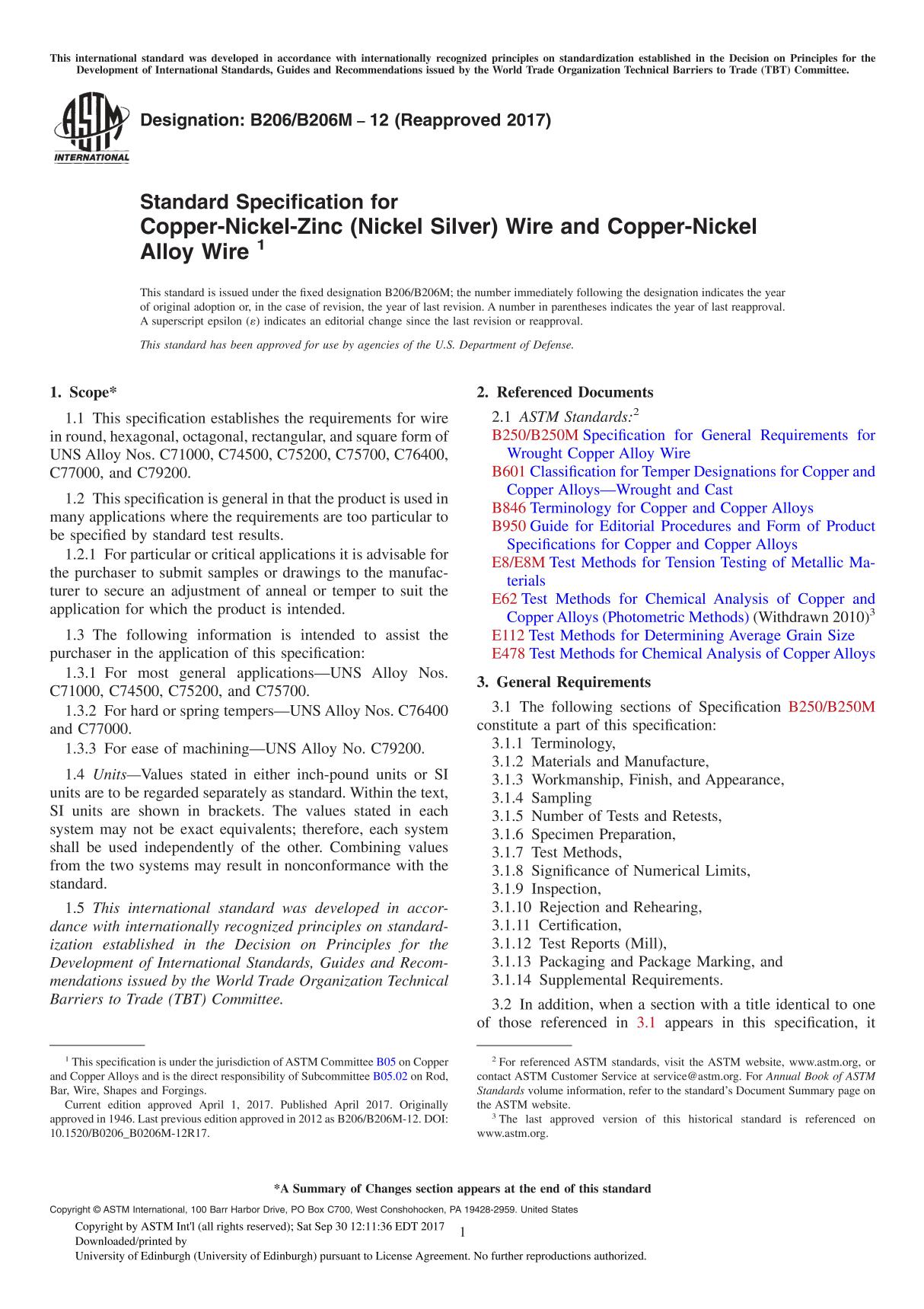 ASTM B206B 206M-12(2017) Standard Specification for Copper-Nickel-Zinc (Nickel Silver) Wire and Copper-Nickel Alloy Wire