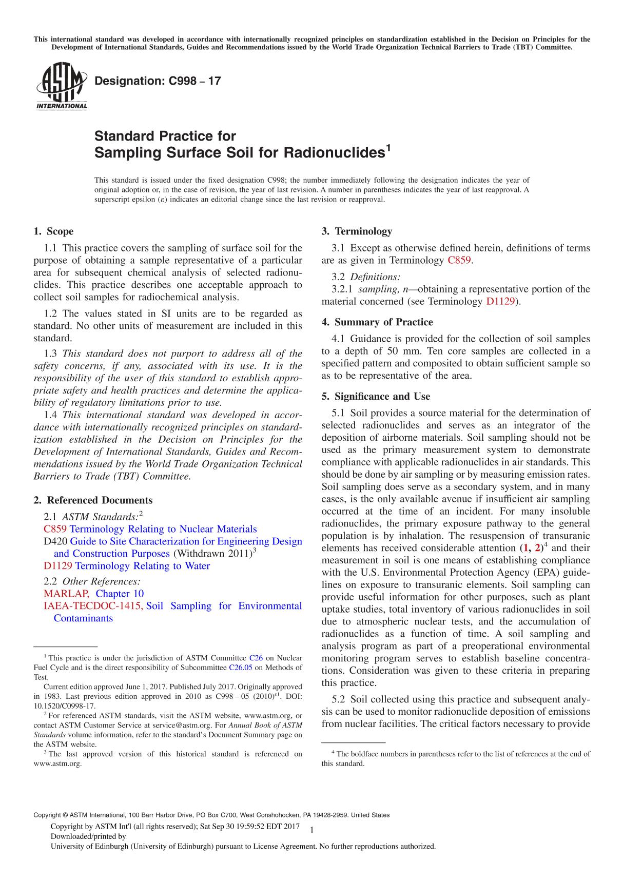 ASTM C998-17 Standard Practice for Sampling Surface Soil for Radionuclide