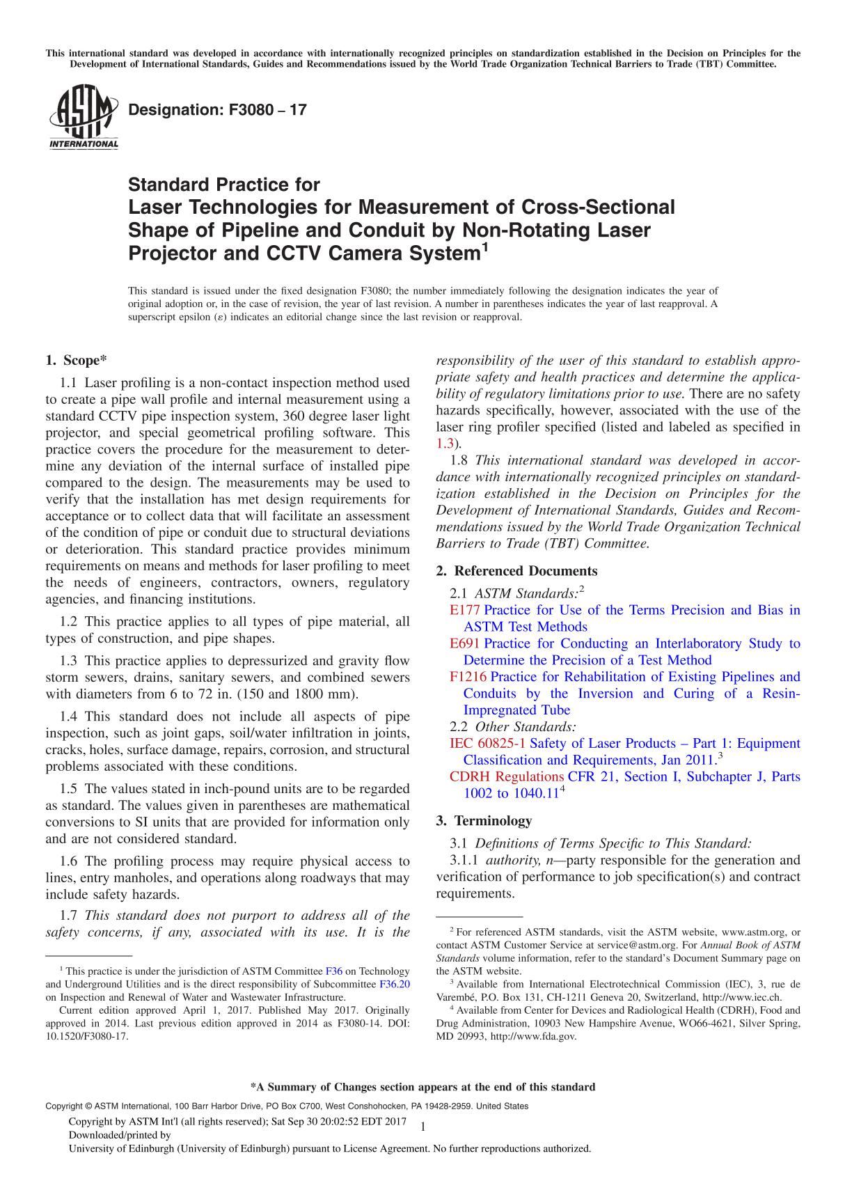 ASTM F3080-17 Standard Practice for Laser Technologies for Measurement of Cross-Sectional Shape of Pipeline and Conduit by Non-R