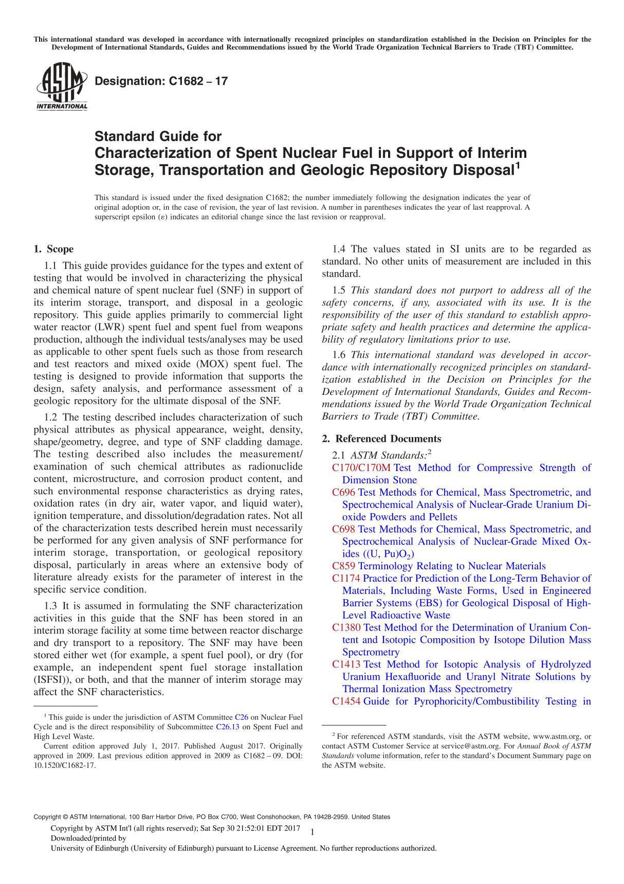 ASTM C1682-17 Standard Guide for Characterization of Spent Nuclear Fuel in Support of Interim Storage, Transportation and Geolog