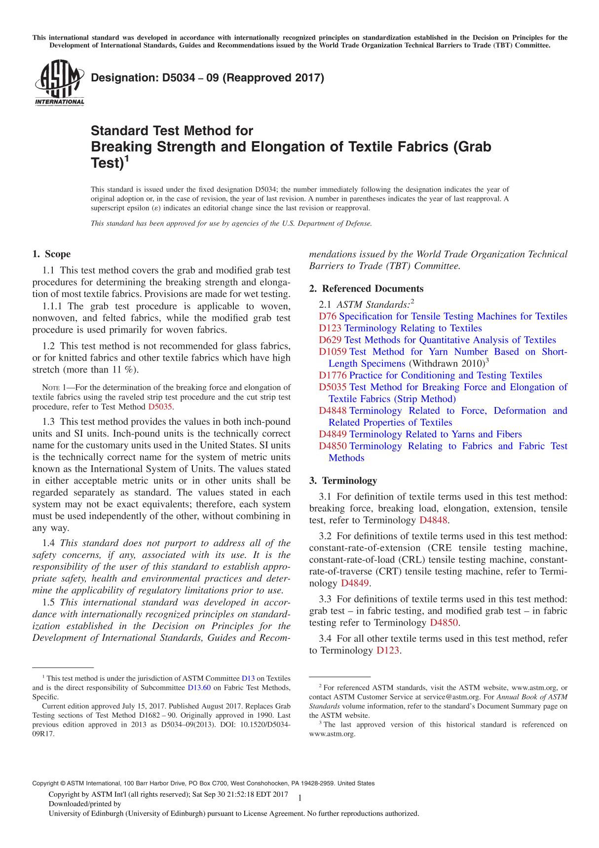 ASTM D5034-09(2017) Standard Test Method for Breaking Strength and Elongation of Textile Fabrics (Grab Test)