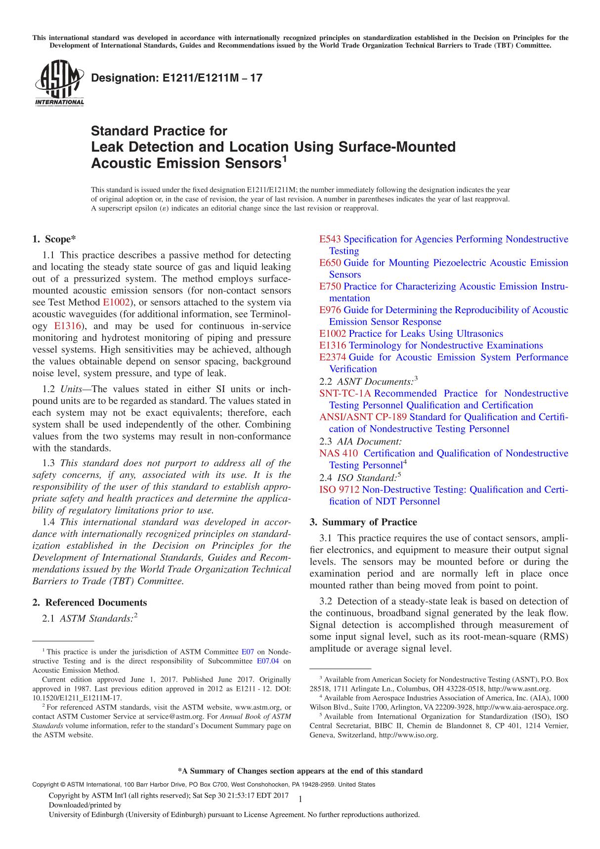 ASTM E1211 E1211M-17 Standard Practice for Leak Detection and Location Using Surface-Mounted Acoustic Emission Sensor