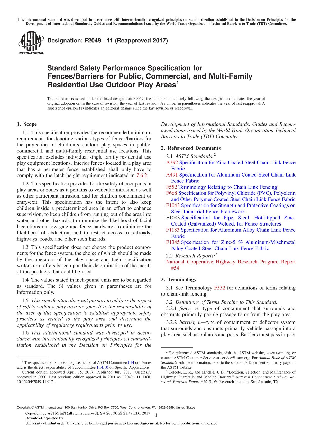 ASTM F2049-11(2017) Standard Safety Performance Specification for FencesBarriers for Public, Commercial, and Multi-Family Reside