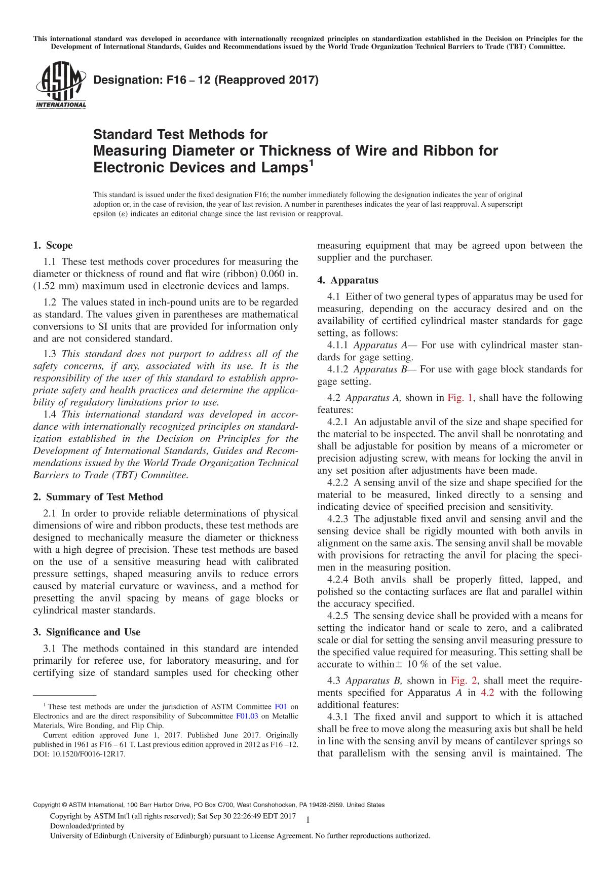 ASTM F16-12(2017) Standard Test Methods for Measuring Diameter or Thickness of Wire and Ribbon for Electronic Devices and Lamp