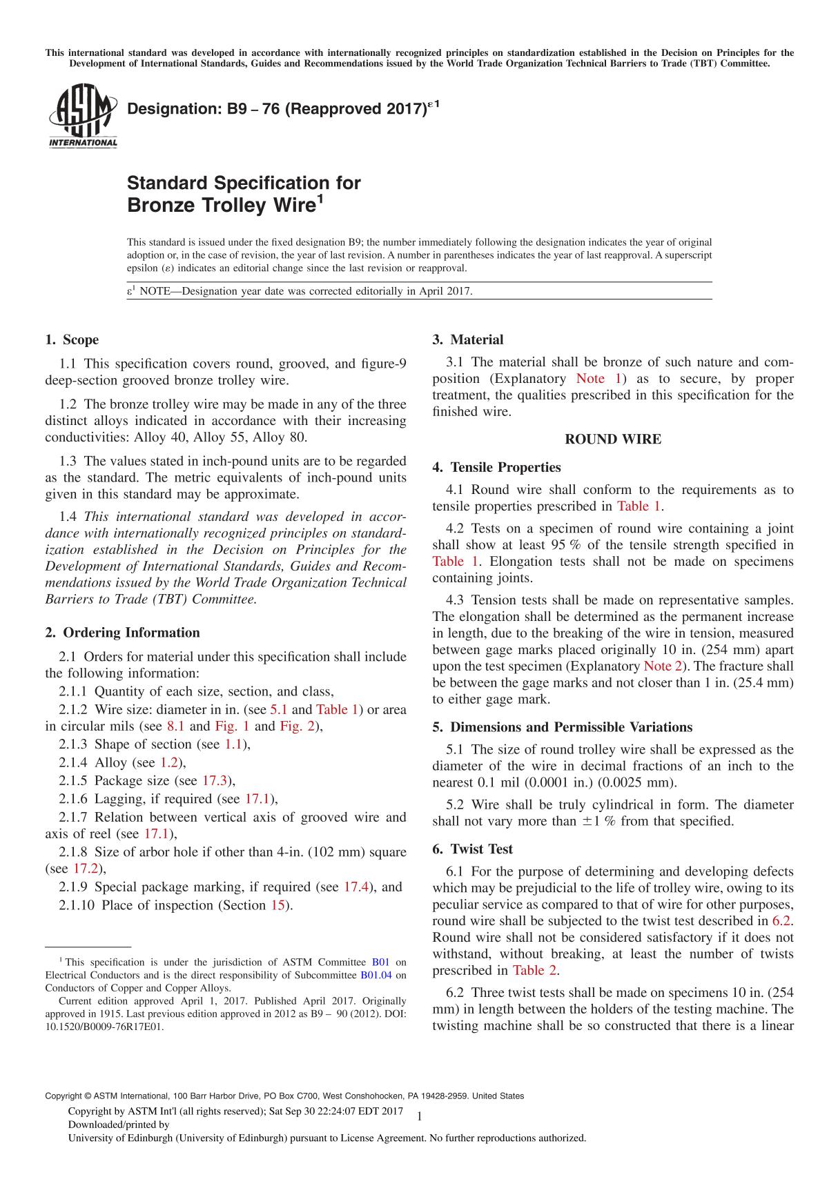 ASTM B9-76(2017)e1 Standard Specification for Bronze Trolley Wire