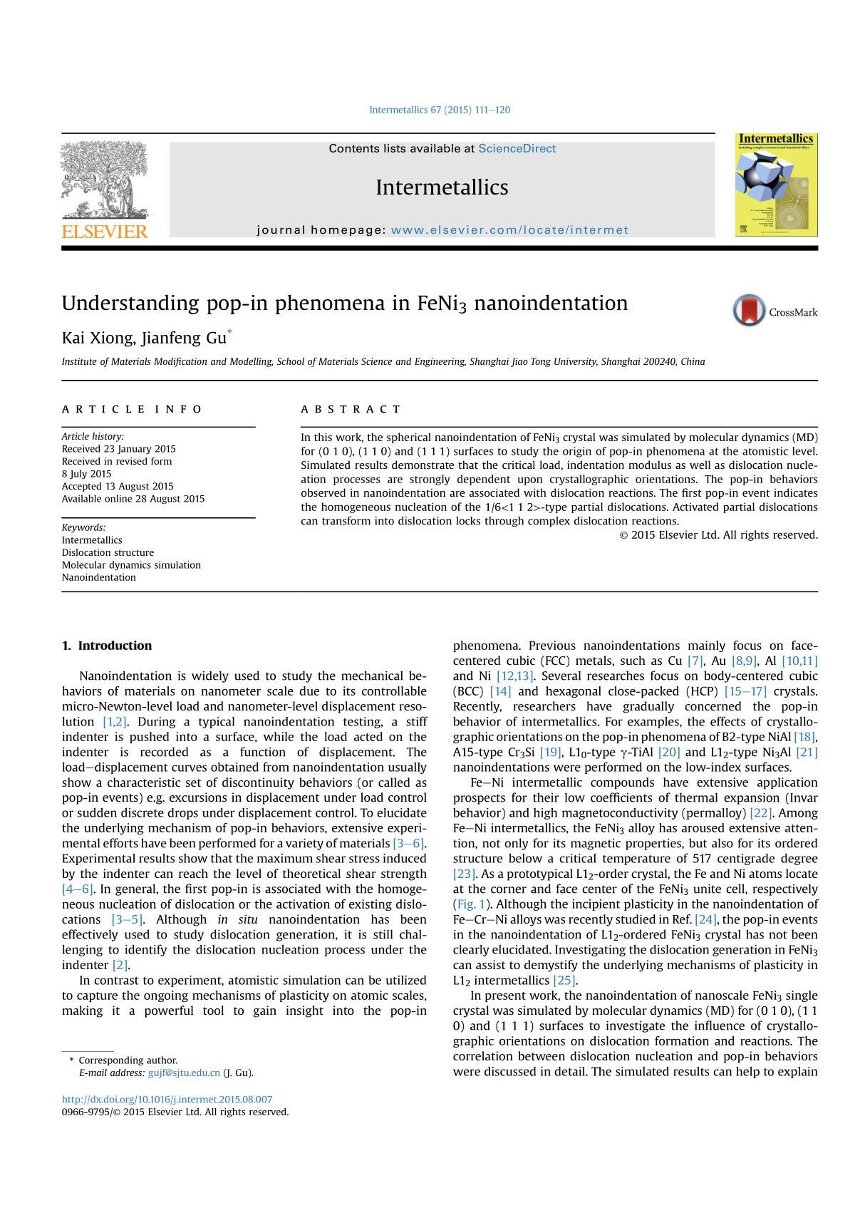 understanding pop-in phenomena in feni3 nanoindentation 在纳米压痕现象了解流行feni3