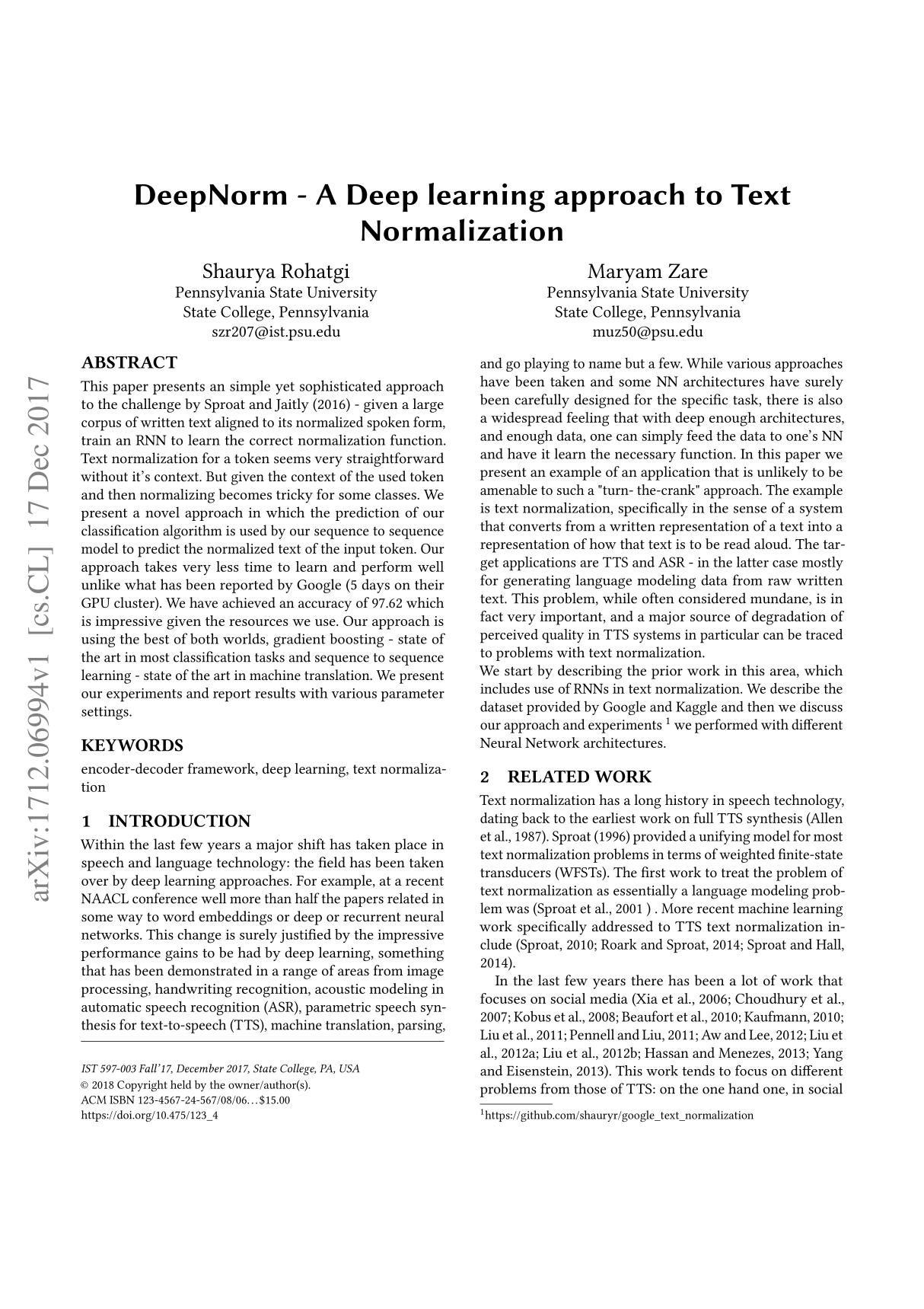 DeepNorm-A Deep Learning Approach to Text Normalization