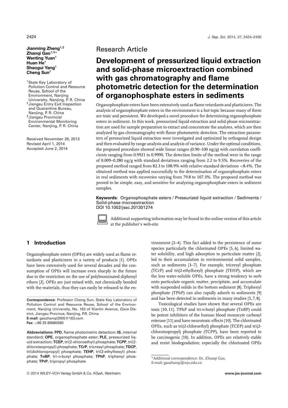 《分离科学杂志》SCI期刊论文Journal of Separation Science 2014 Volume 37 Page 2424-2430