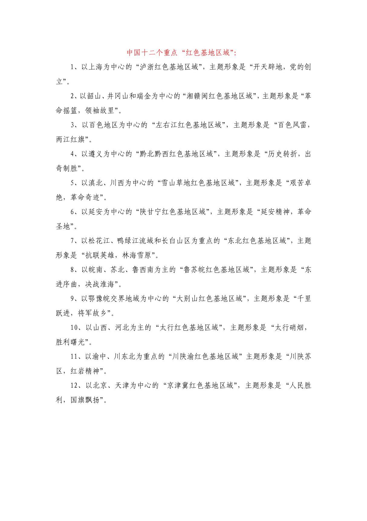 全国红色革命教育基地相关资料(12个重点红色基地区域 30条红色精品线路 308个红色教育基地)