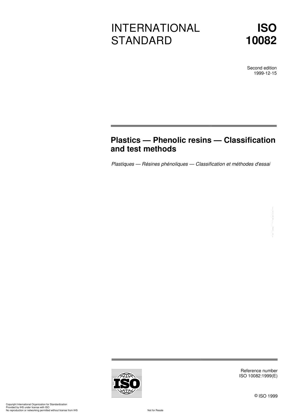 ISO 10082 Plastics  Phenolic resins  Classification and test method