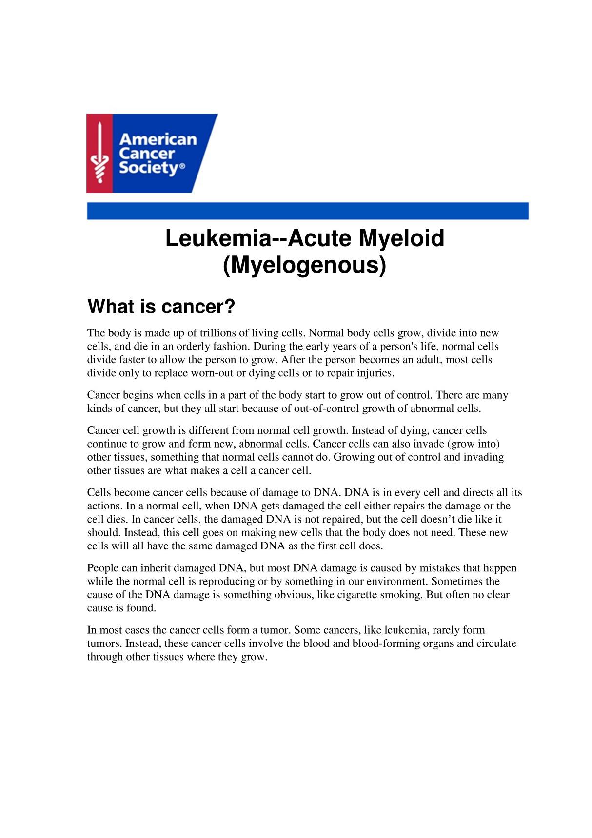 Leukemia--Acute Myeloid (Myelogenous) - American Cancer