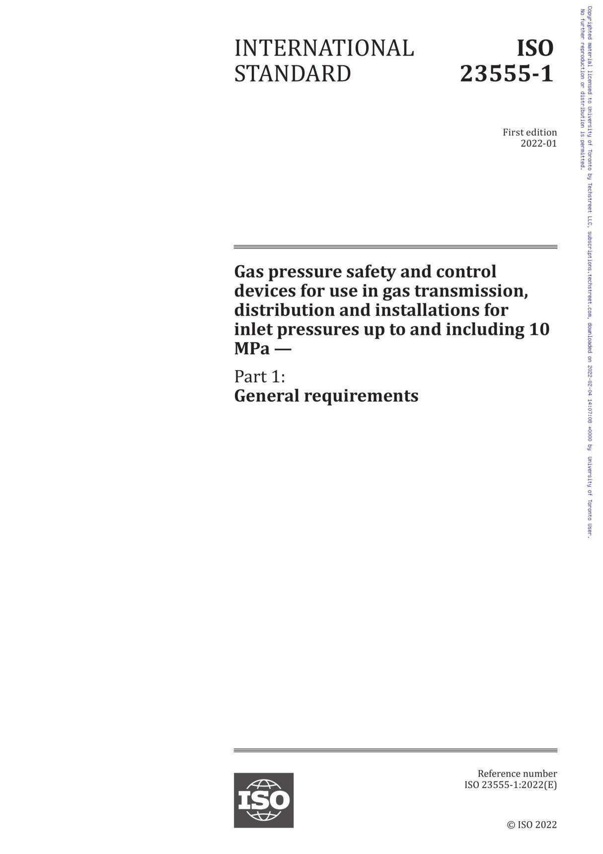 ISO 23555-1-2022 Gas pressure safety and control devices for use in gas transmission, distribution and installations for inlet p