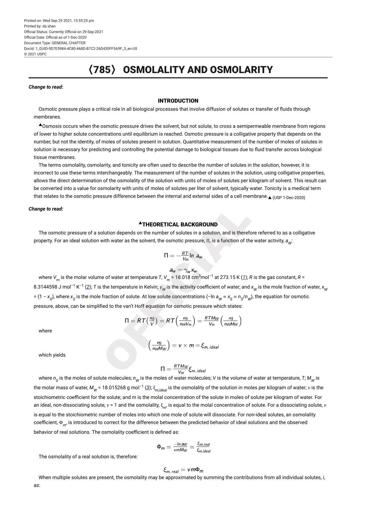 USP43-NF38 GENERAL CHAPITER 785 Osmolality and Osmolarity