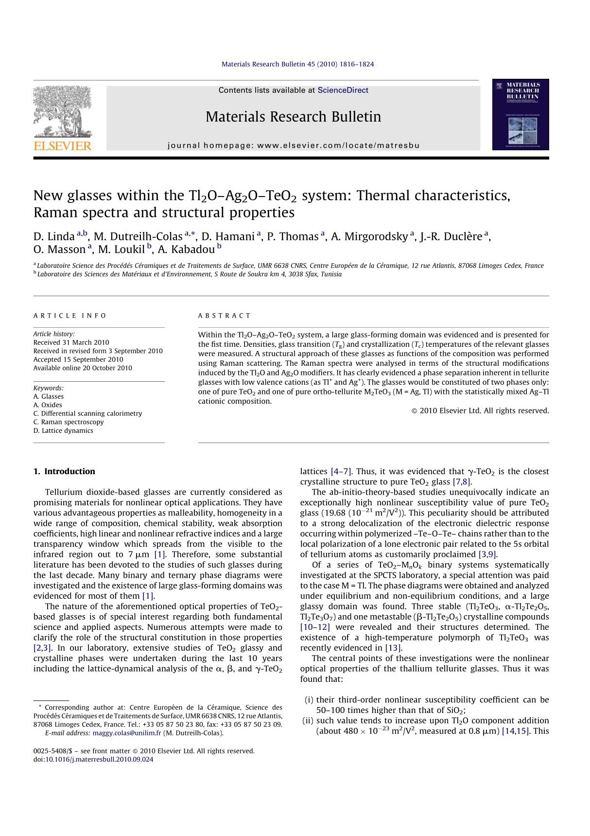 New glasses within the Tl2O–Ag2O–TeO2 system Thermal characteristics, Raman spectra and structural properties