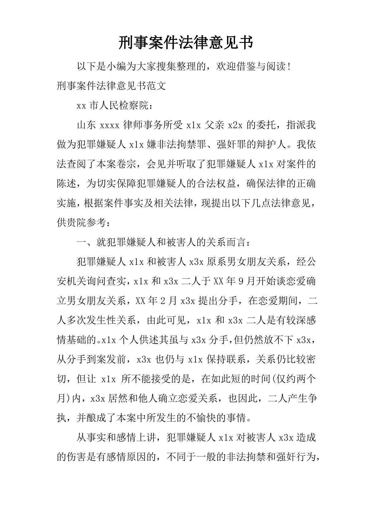 刑事案件法律意见书