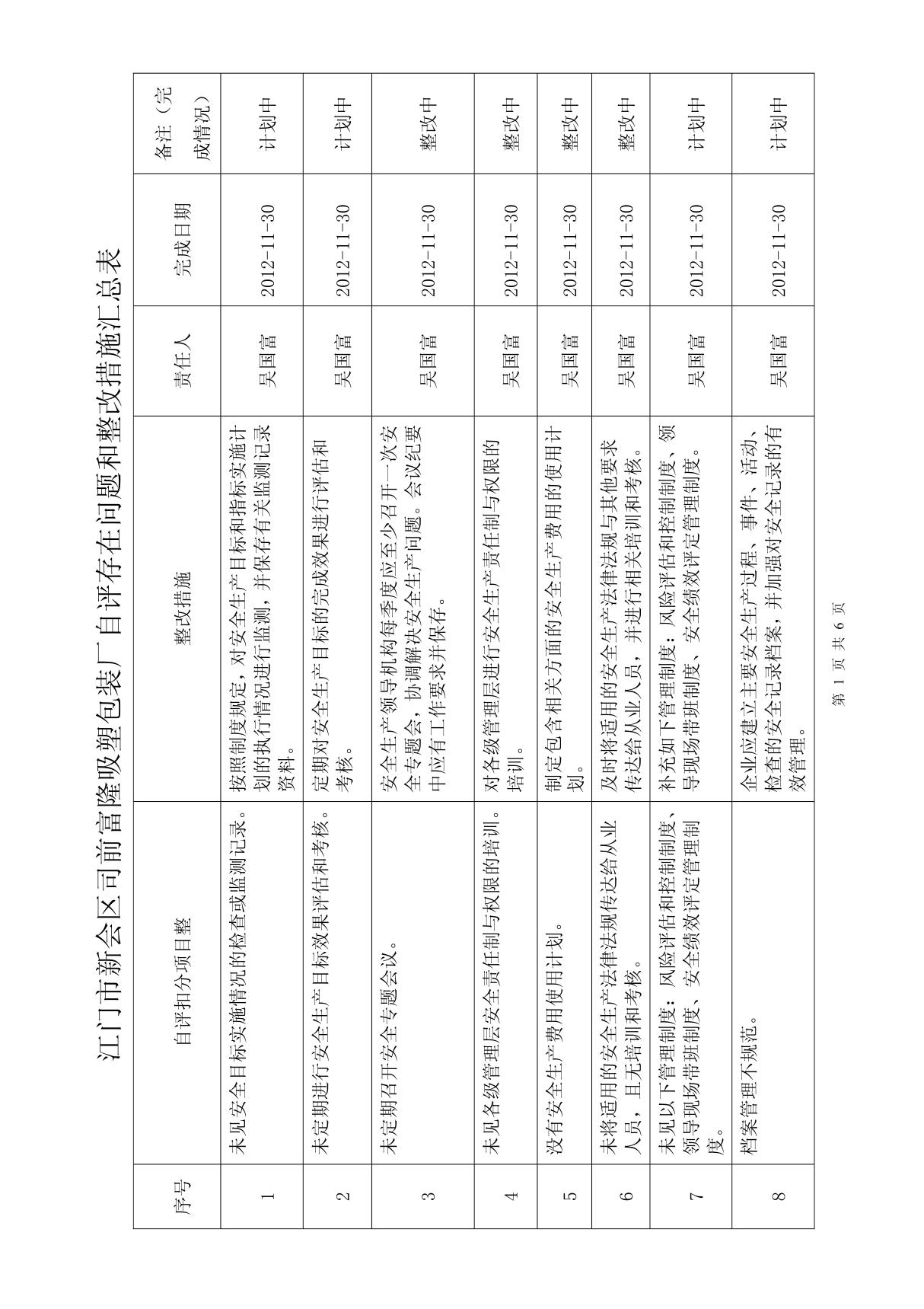 8 自评存在问题和整改措施汇总表