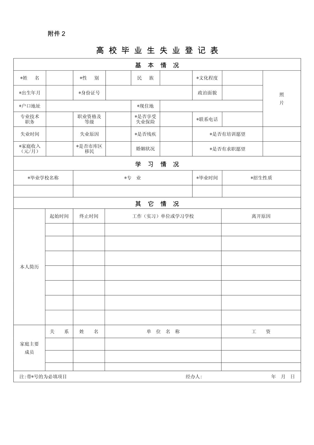 高校毕业生失业登记表