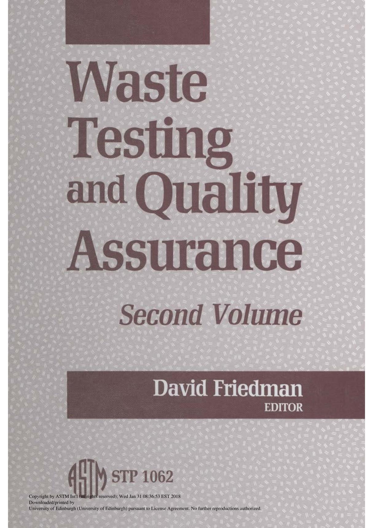 Waste Testing And Quality Assurance 2nd Volume(ASTM STP1062-90)