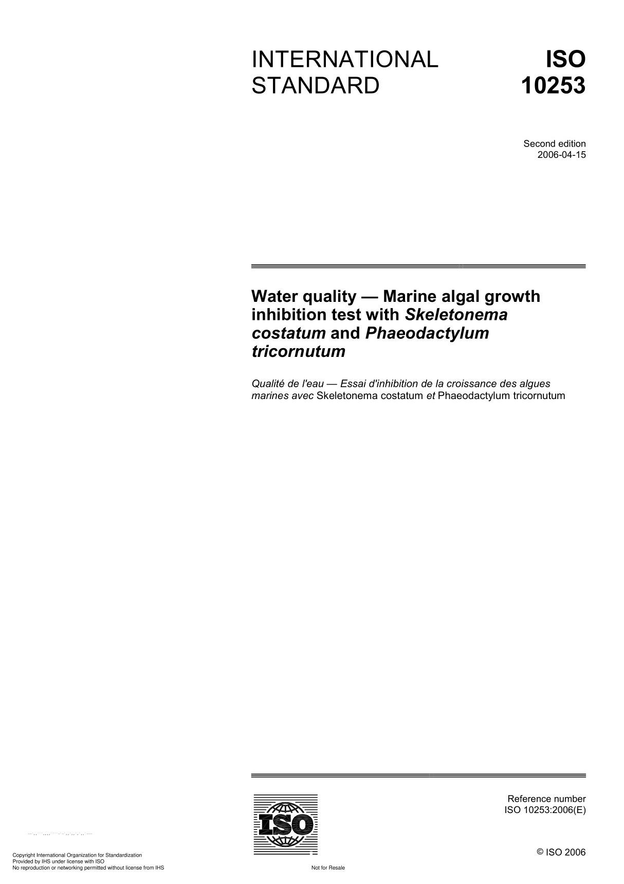 ISO 10253 Water quality  Marine algal growth inhibition test with Skeletonema costatum and Phaeodactylum tricornutum