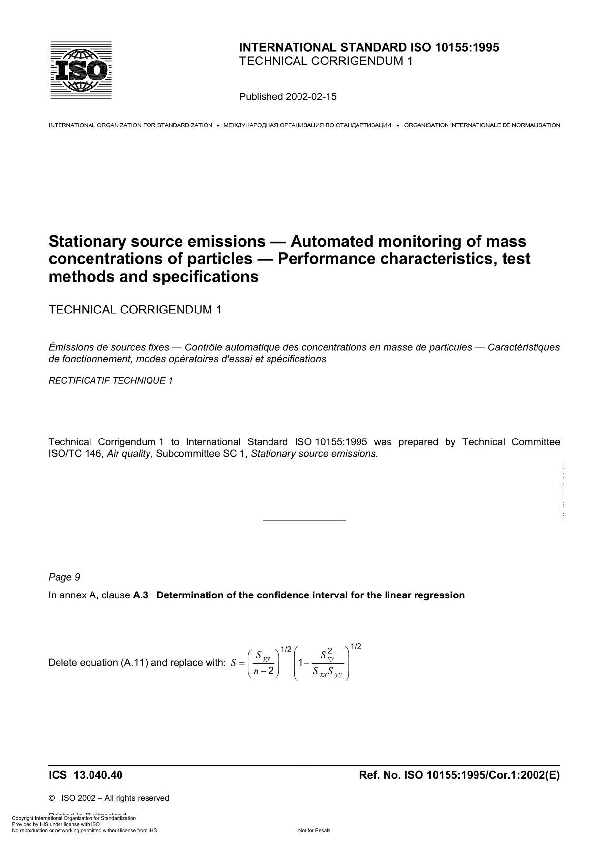 ISO 10155 1995 TECHNICAL CORRIGENDUM 1 Stationary source emissions  Automated monitoring of mass concentrations of particles