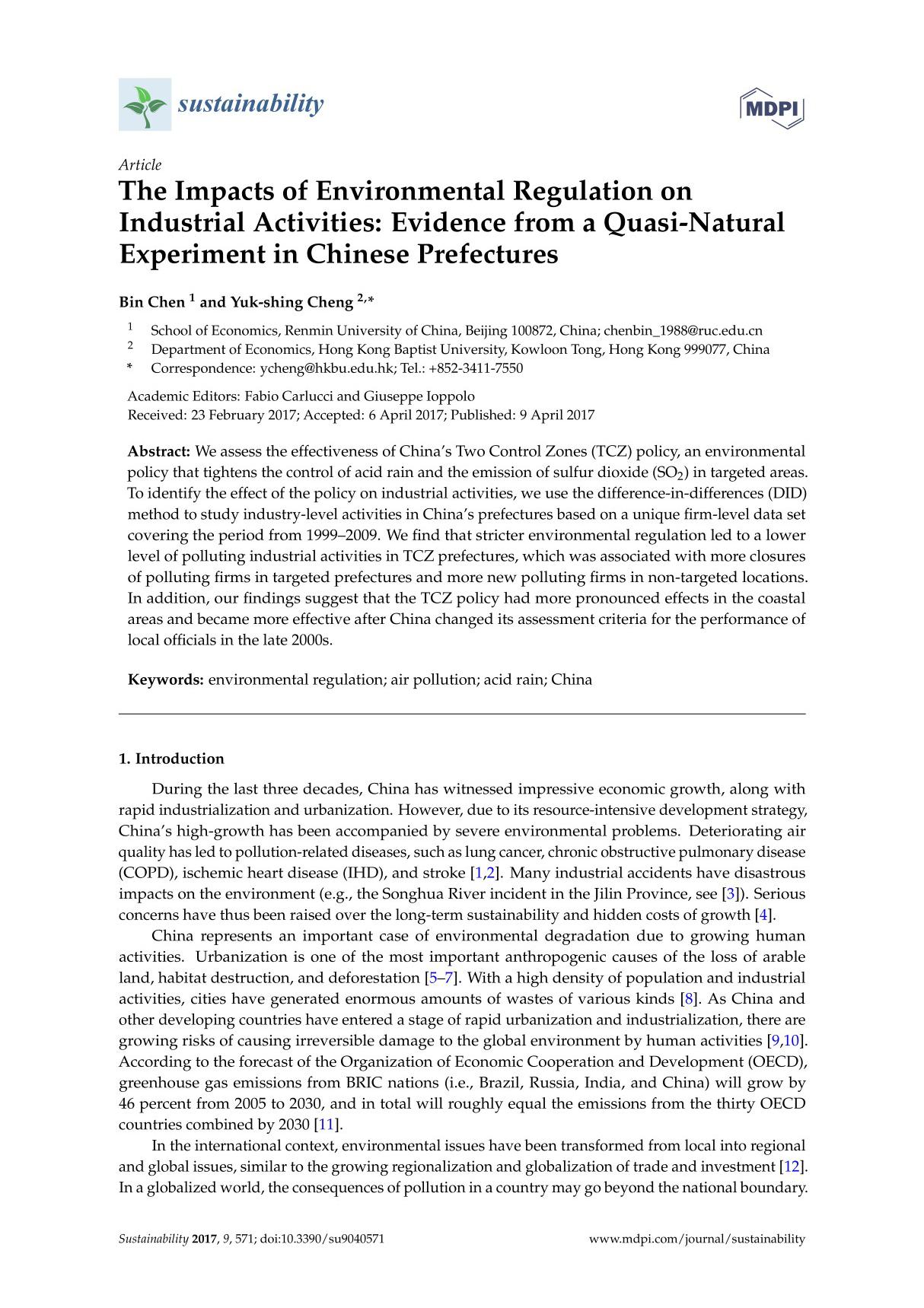 The Impacts of Environmental Regulation on Industrial Activities Evidence from a Quasi-Natural Experiment in Chinese Prefecture