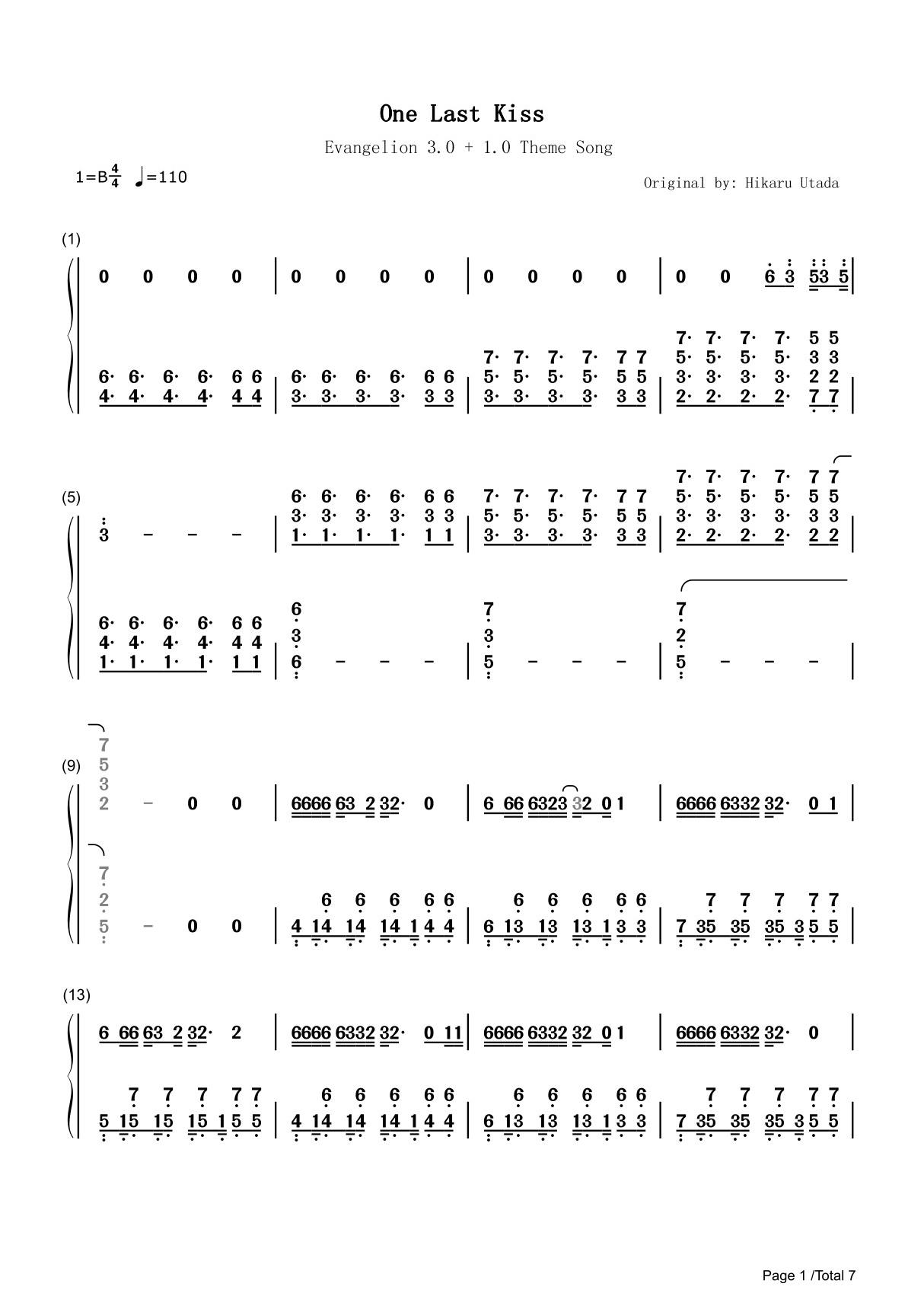 One Last Kiss简谱钢琴谱 简谱双手数字完整版原版