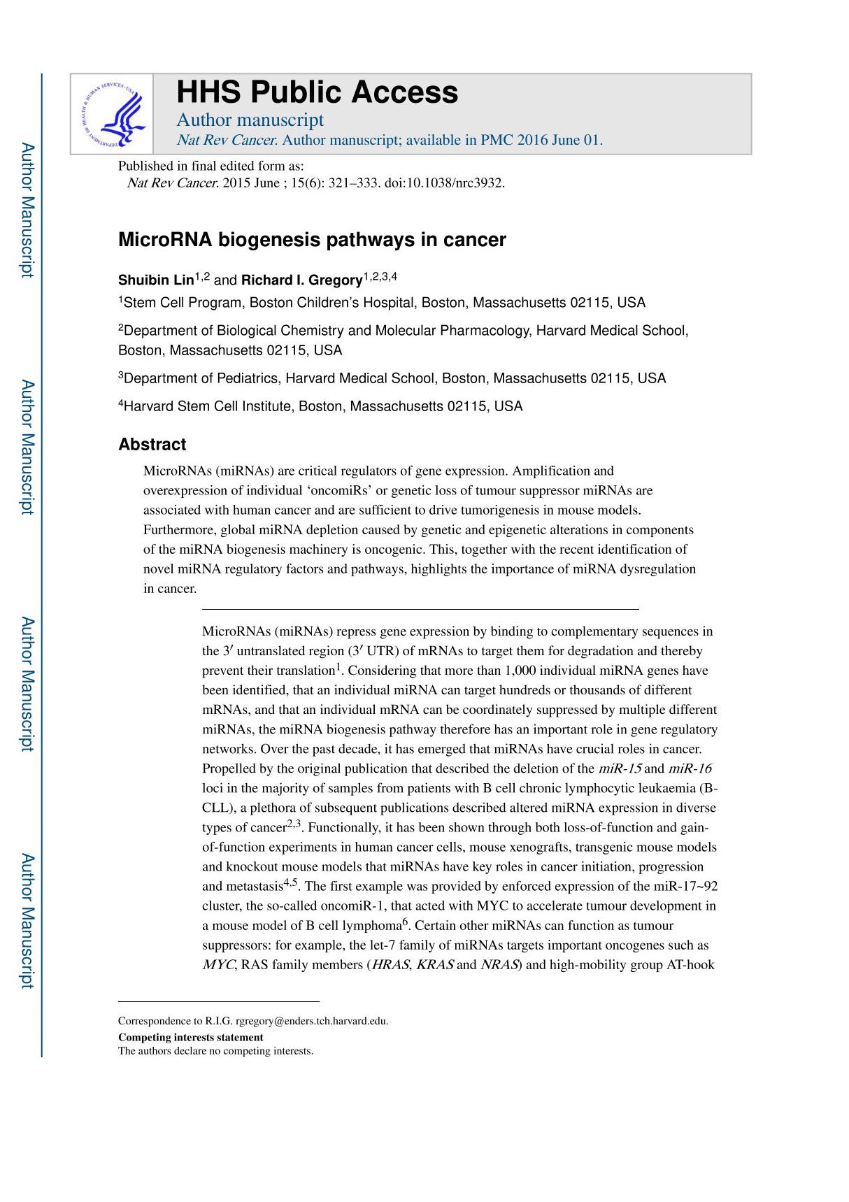 MicroRNA biogenesis pathways in cancer(癌症中的MicroRNA生物发生途径)