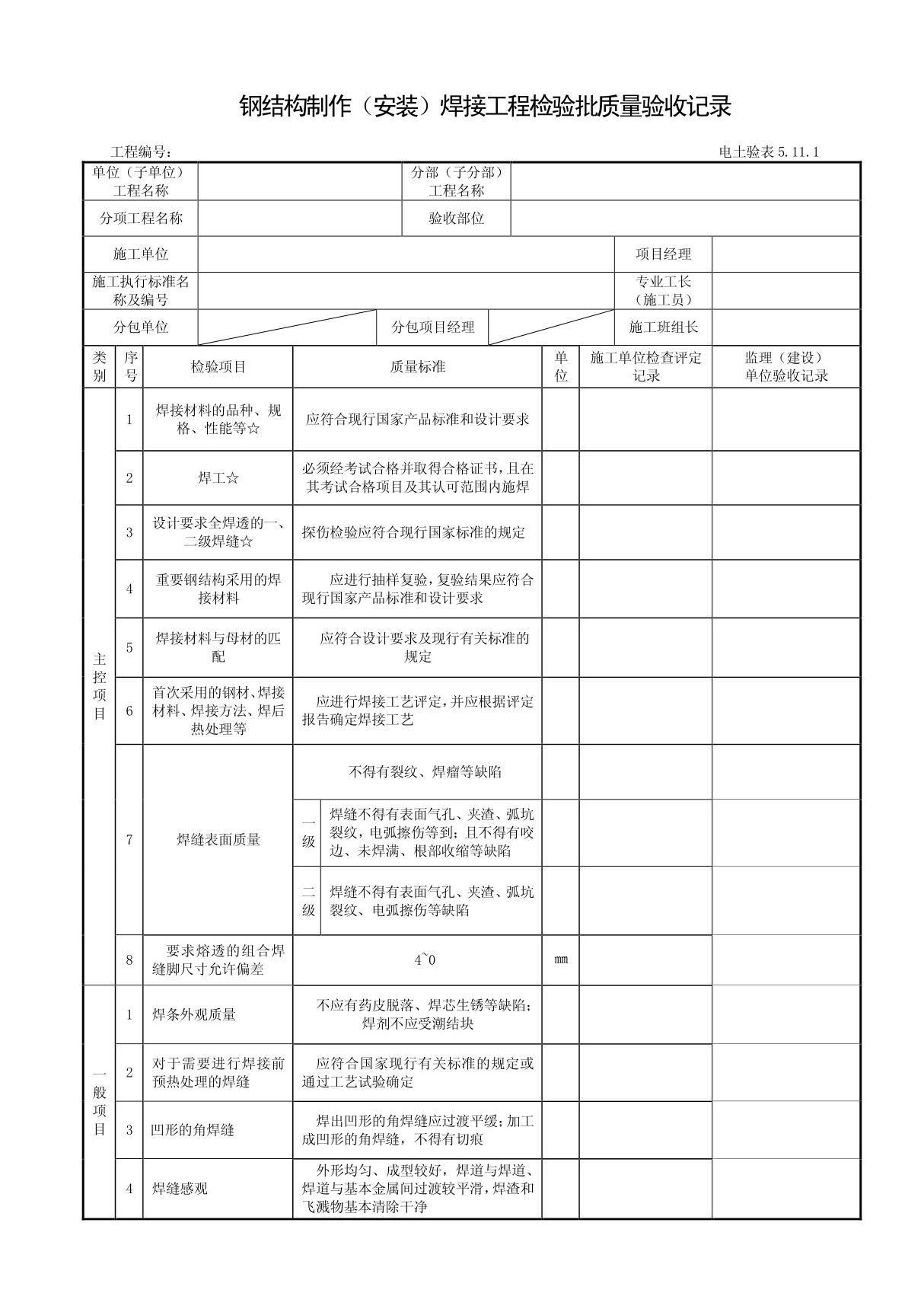 钢结构制作(安装)焊接工程检验批质量验收记录表格汇编