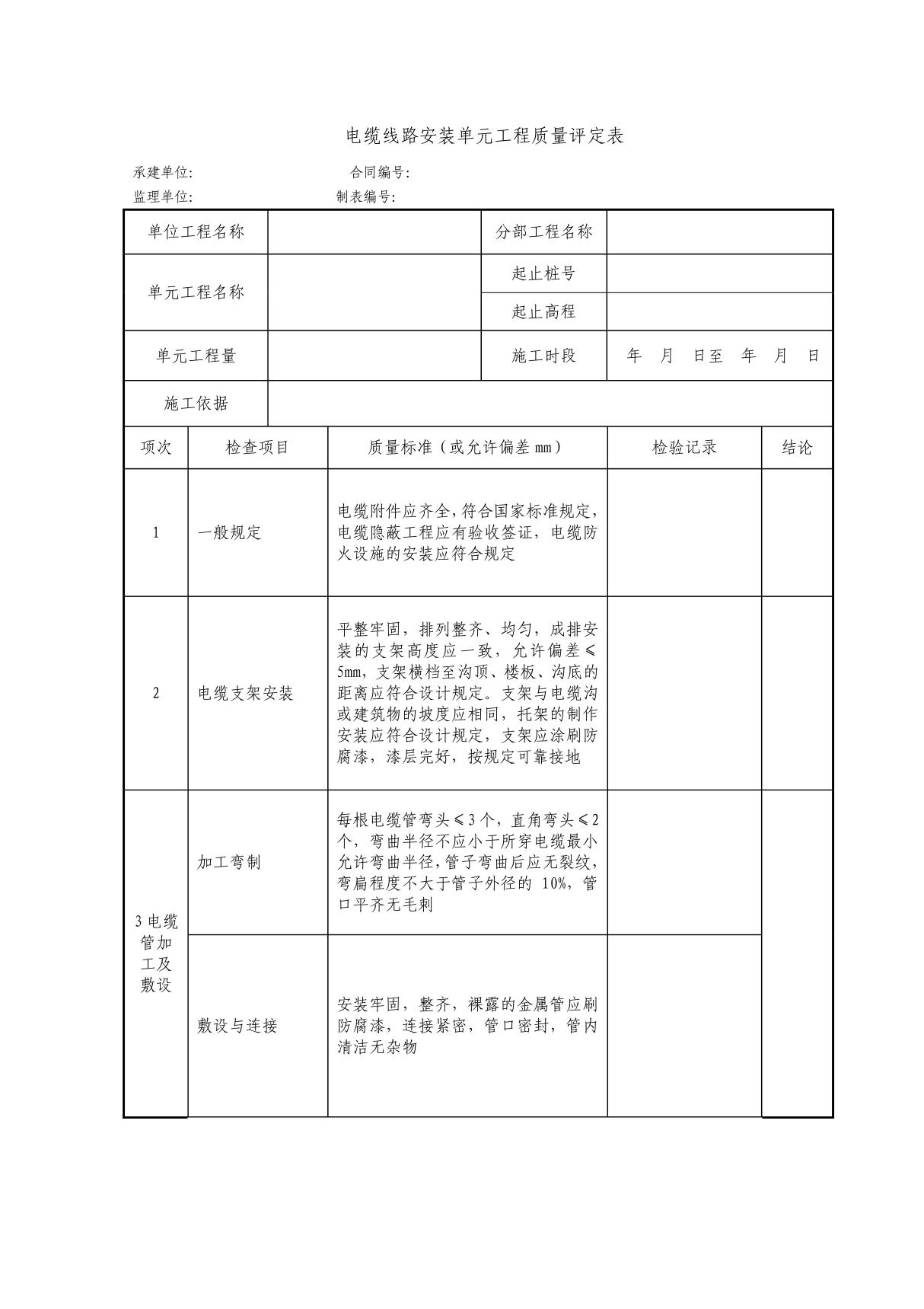 (建筑)电缆线路安装单元工程质量等级评定表及工序验收表