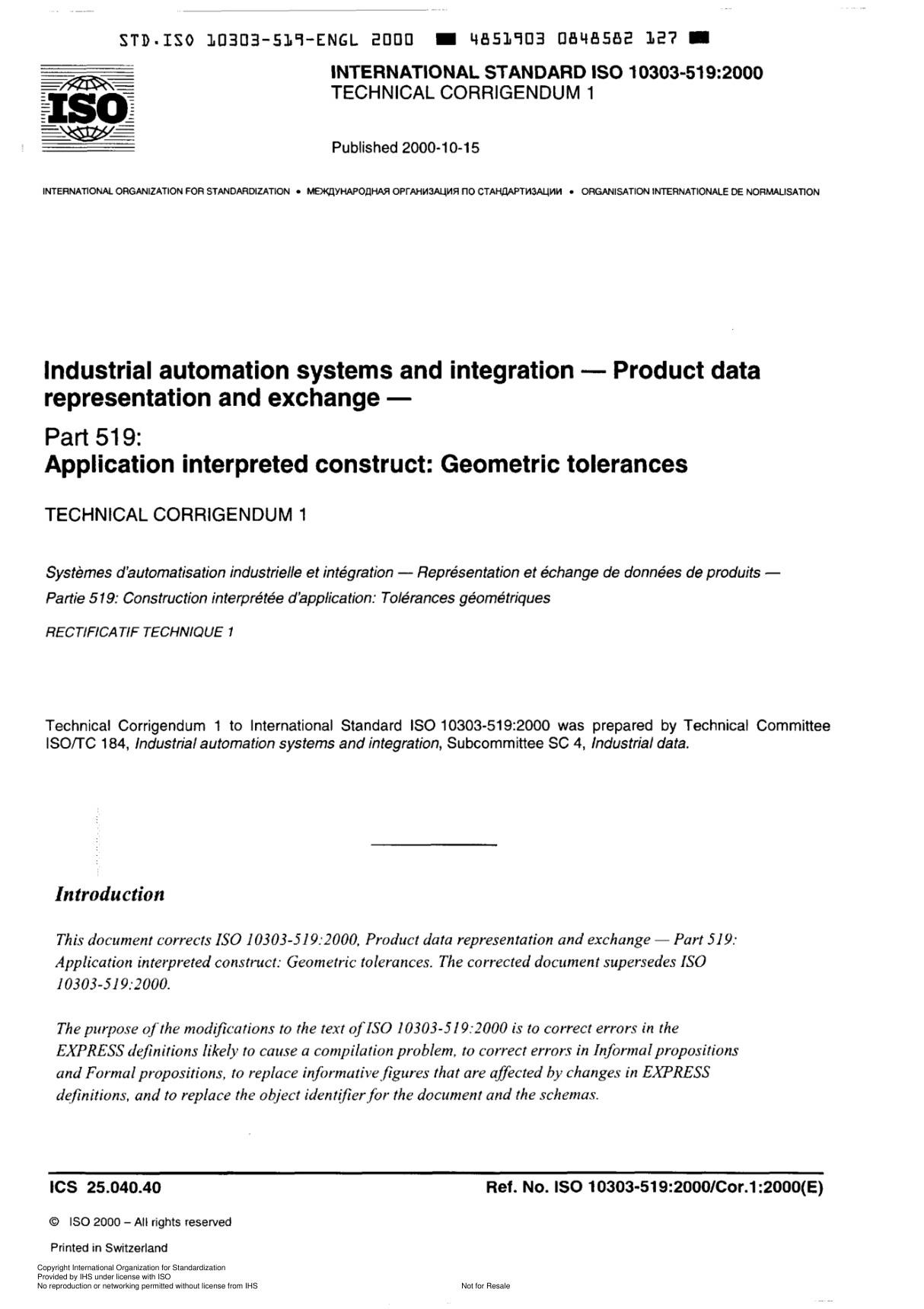 ISO 10303-519 Industrial automation systems and integration  Product data representation and exchange TECHNICAL CORRIGENDUM