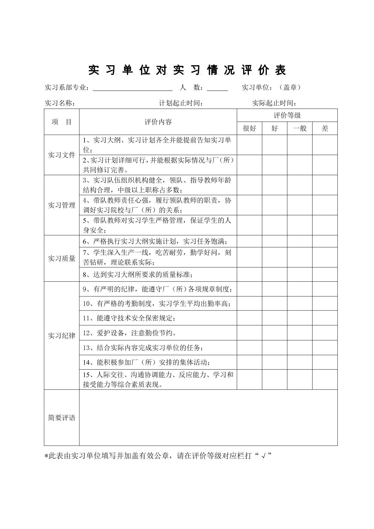 实习单位对实习情况评价表(模板)