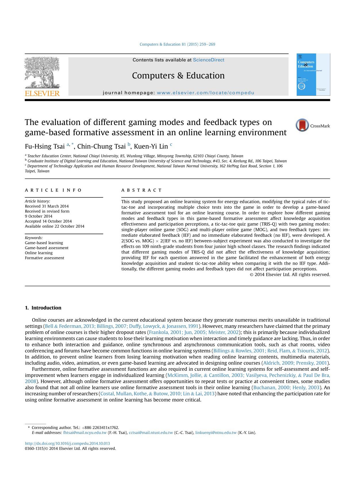 The evaluation of different gaming modes and feedback types on game-based formative assessment in an online learning environment