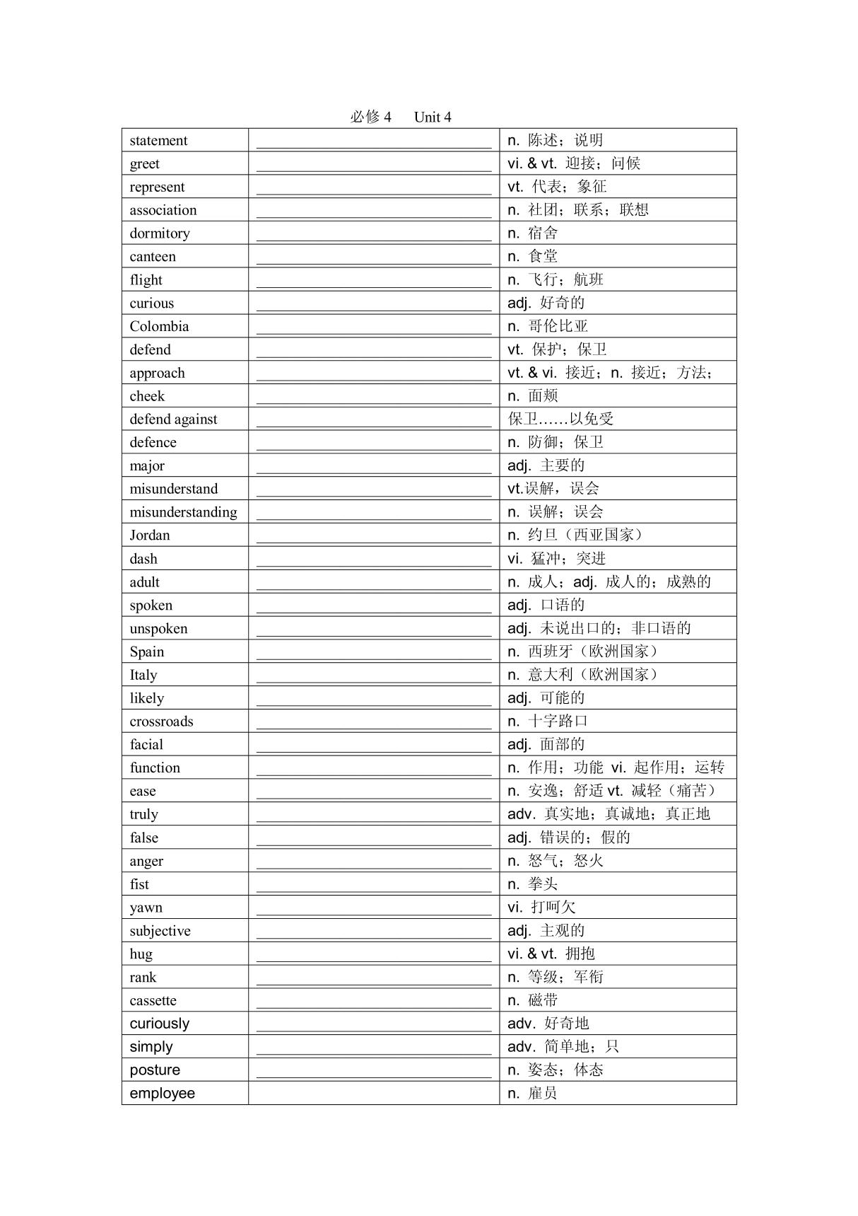 新课标高中英语必修四第四单元单词词组(免费)