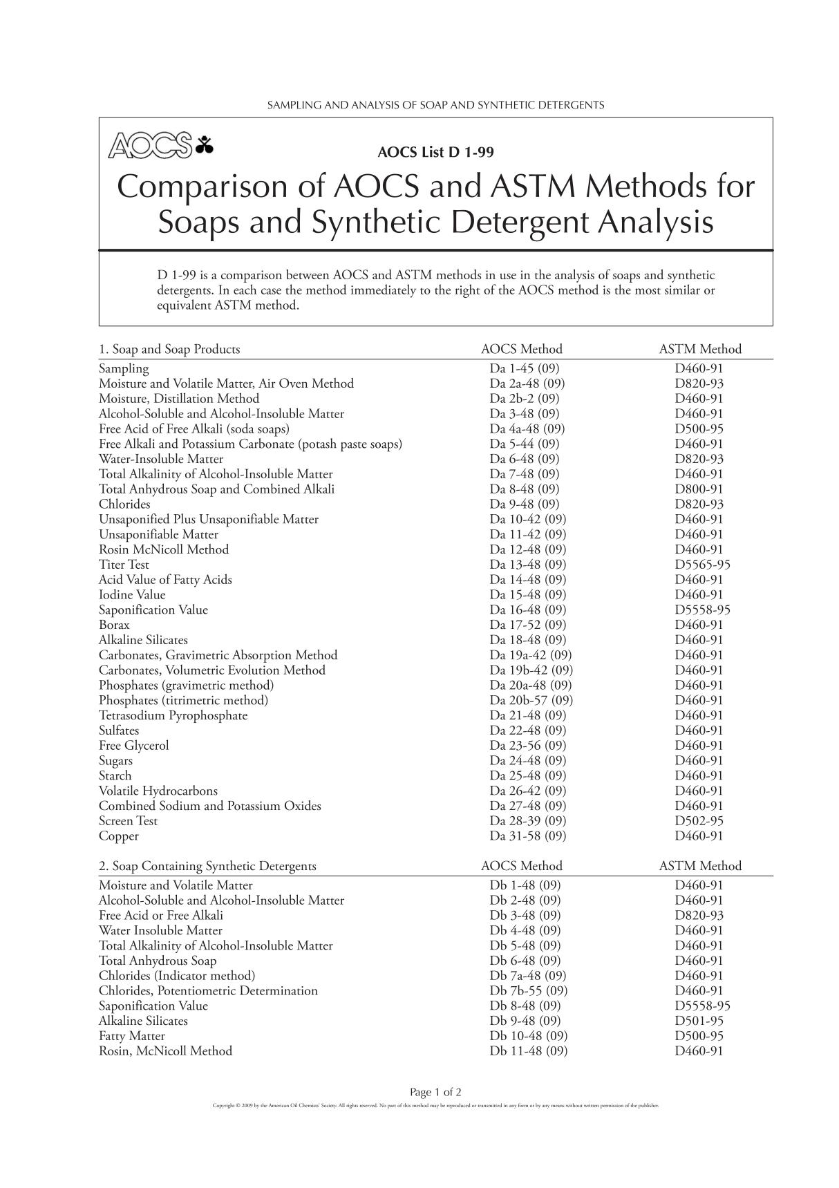 AOCS Official Method D 1-99 Comparison of AOCS and ASTM Methods for Soaps and Synthetic Detergent Analysi