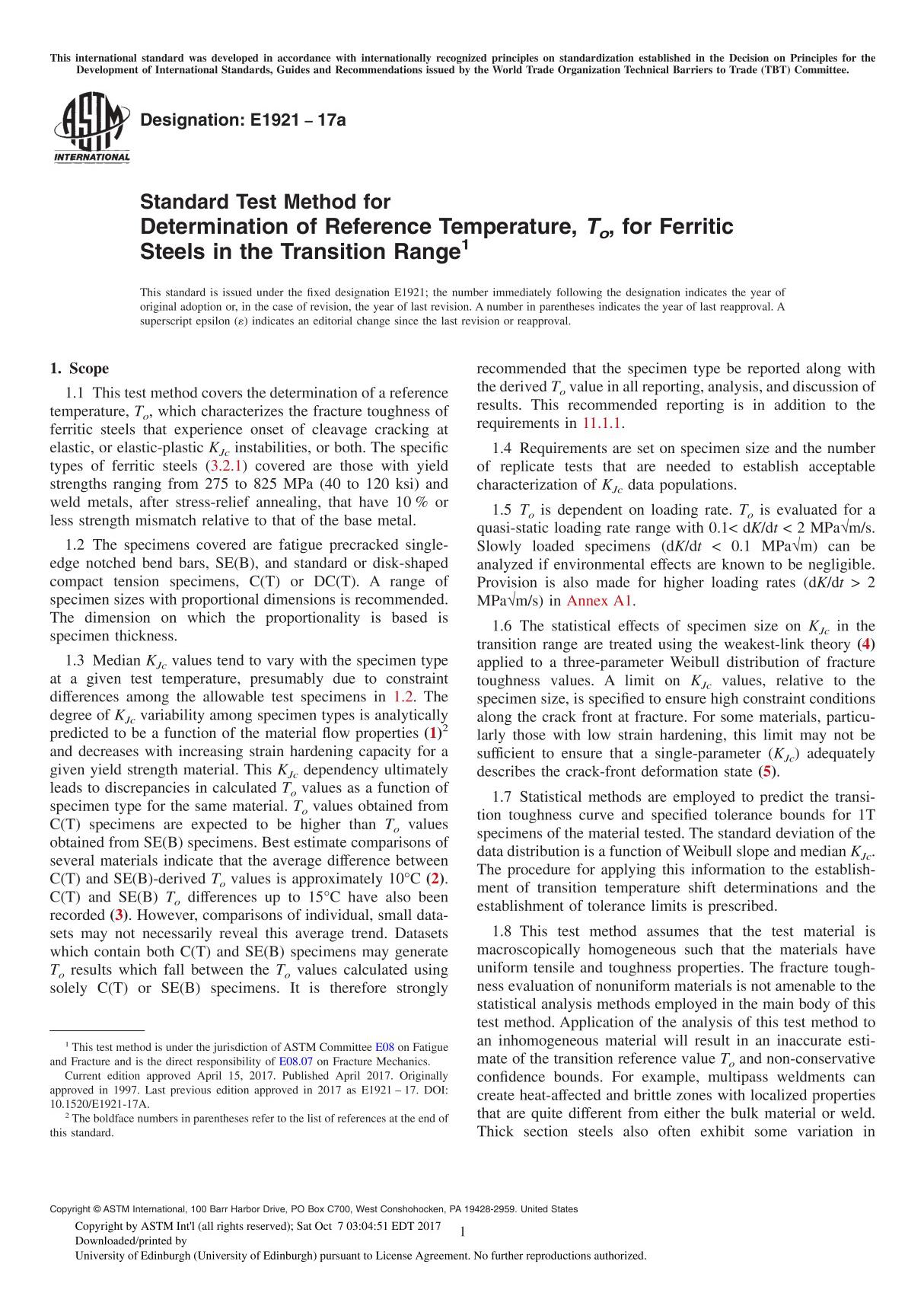 ASTM E1921-17a Standard Test Method for Determination of Reference Temperature, To, for Ferritic Steels in the Transition Range