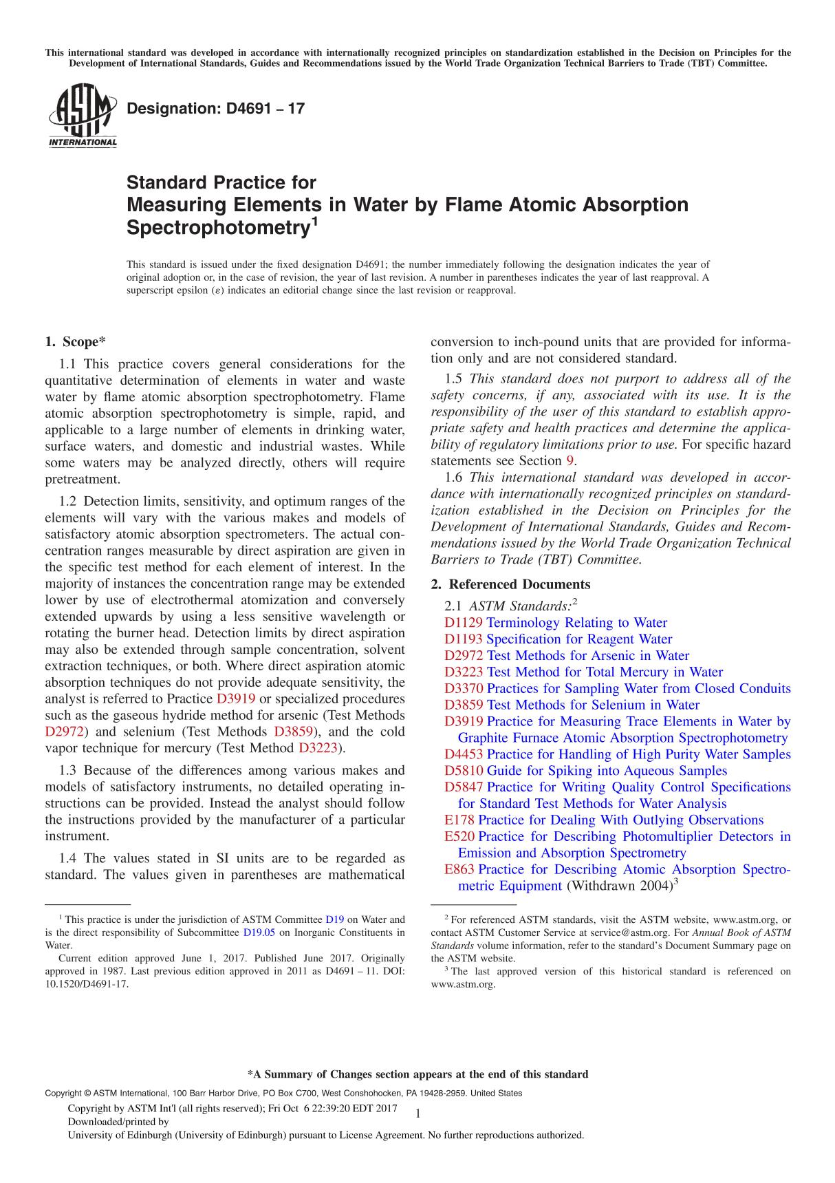 ASTM D4691-17 Standard Practice for Measuring Elements in Water by Flame Atomic Absorption Spectrophotometry