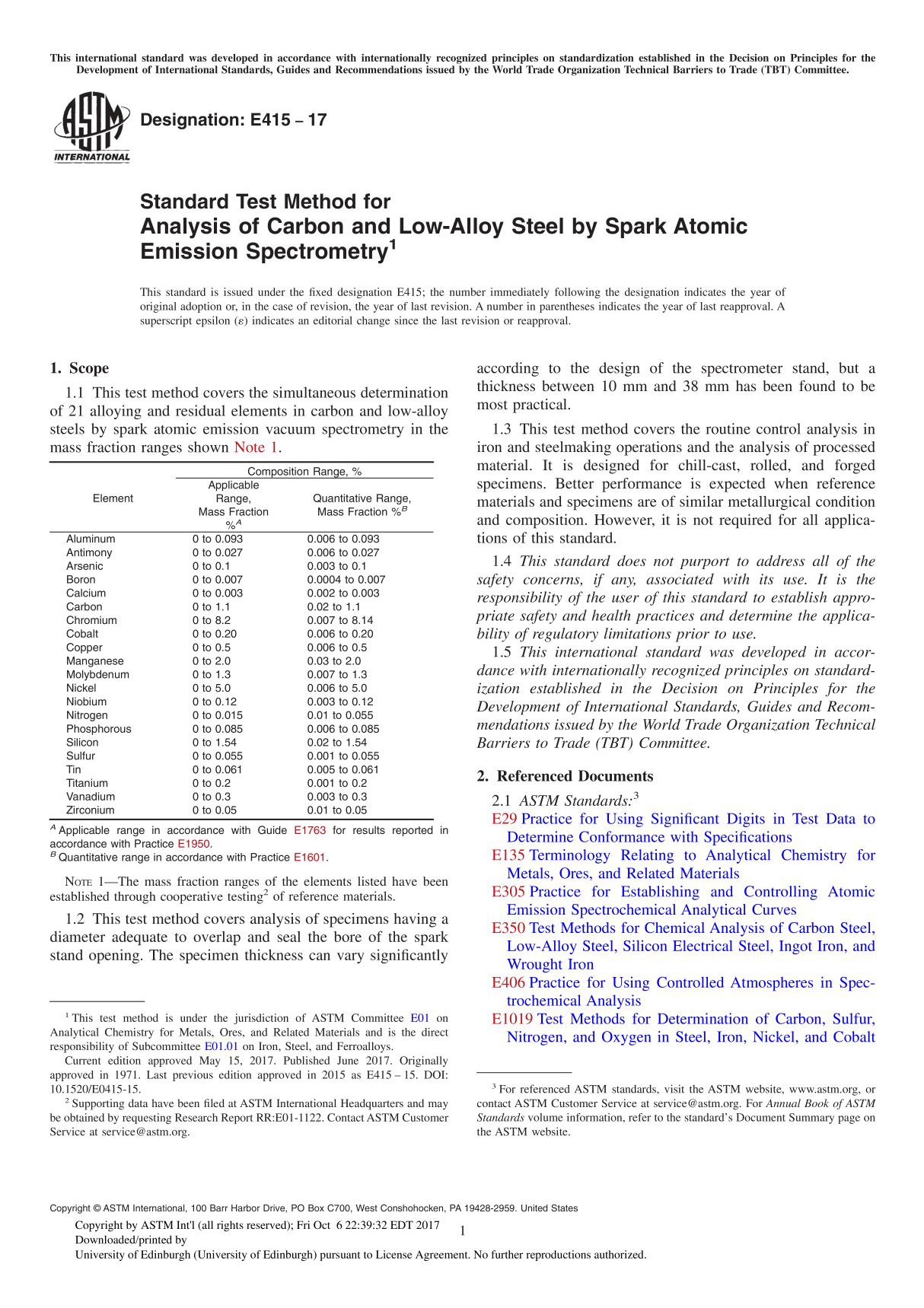 ASTM E415-17 Standard Test Method for Analysis of Carbon and Low-Alloy Steel by Spark Atomic Emission Spectrometry